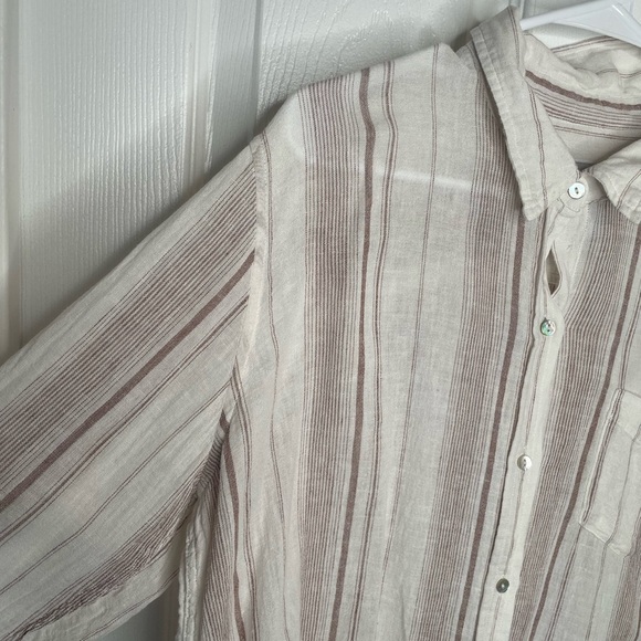 Rails Charli Reims Stripe Linen Blend Button Up Top Coastal in Brown/Cream XL - Picture 7 of 16